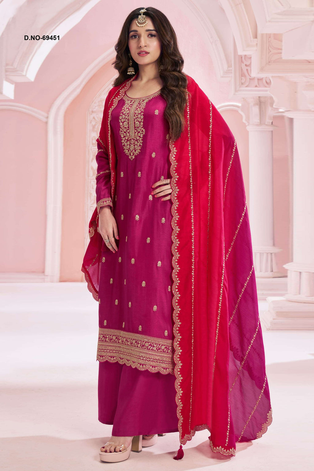 Pink Silk Georgette Plazo Suit For Indian & Pakistani Wedding Festival - Embroidery Work