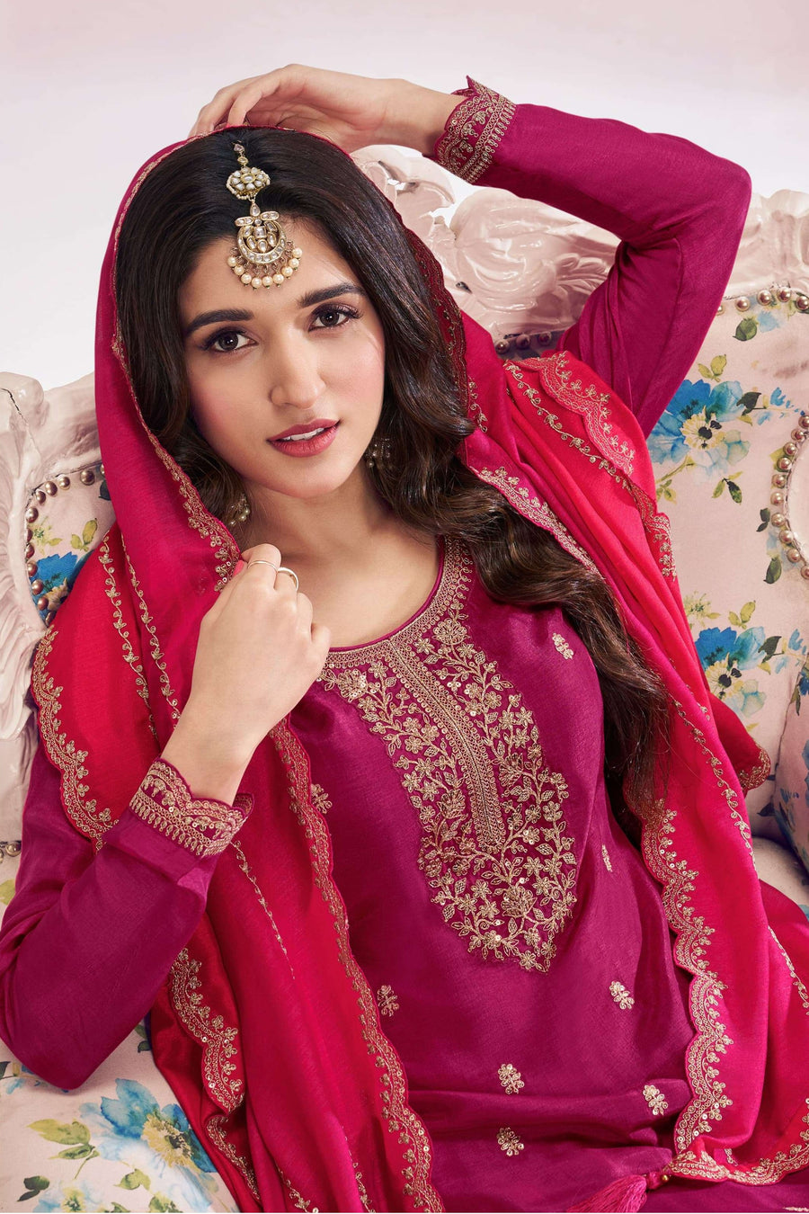 Pink Silk Georgette Plazo Suit For Indian & Pakistani Wedding Festival - Embroidery Work
