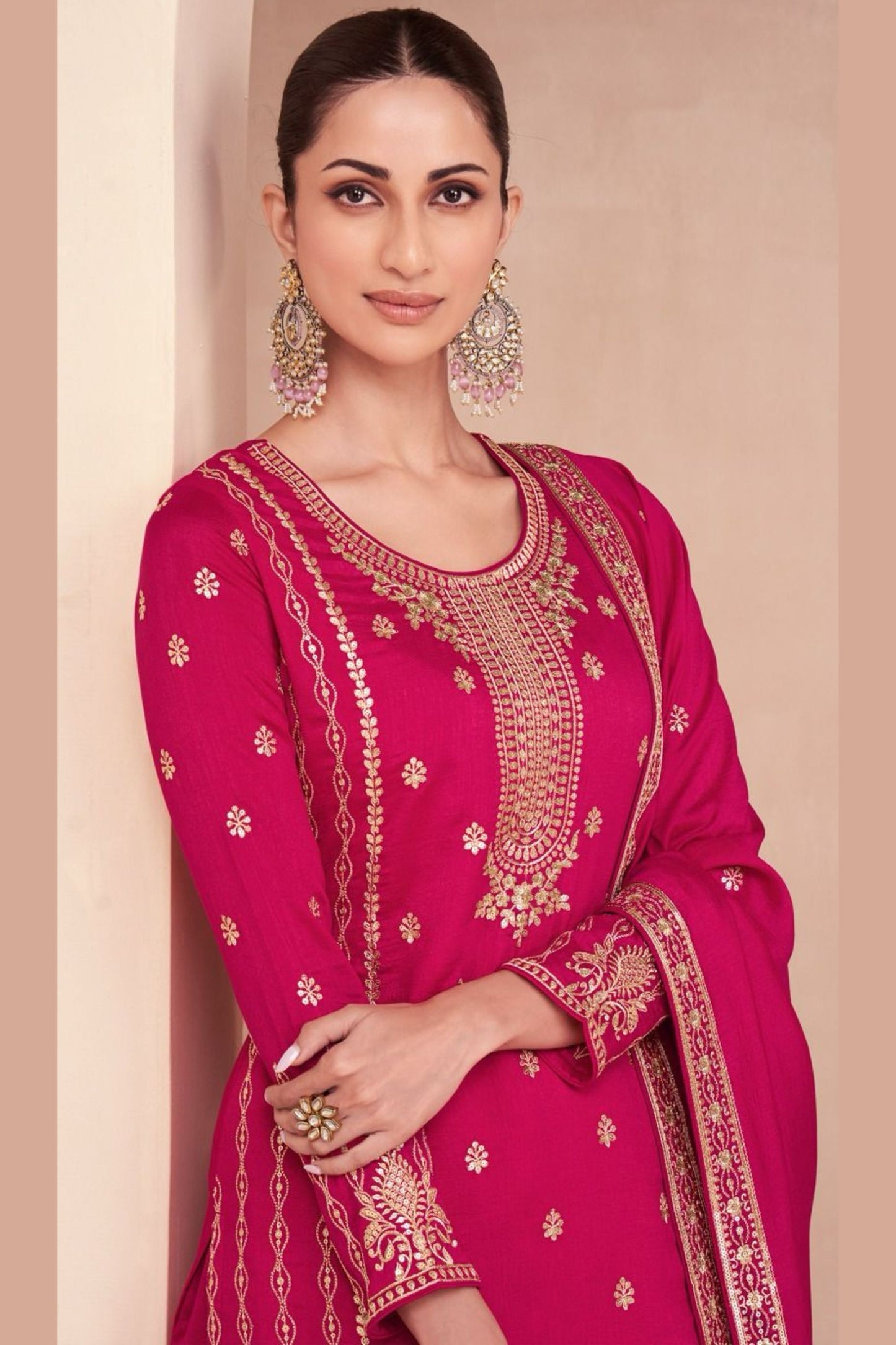 Pink Silk Kameez with Plazzo And Dupatta For Indian Suit Festivals & Pakistani Weddings - Embroidery Work