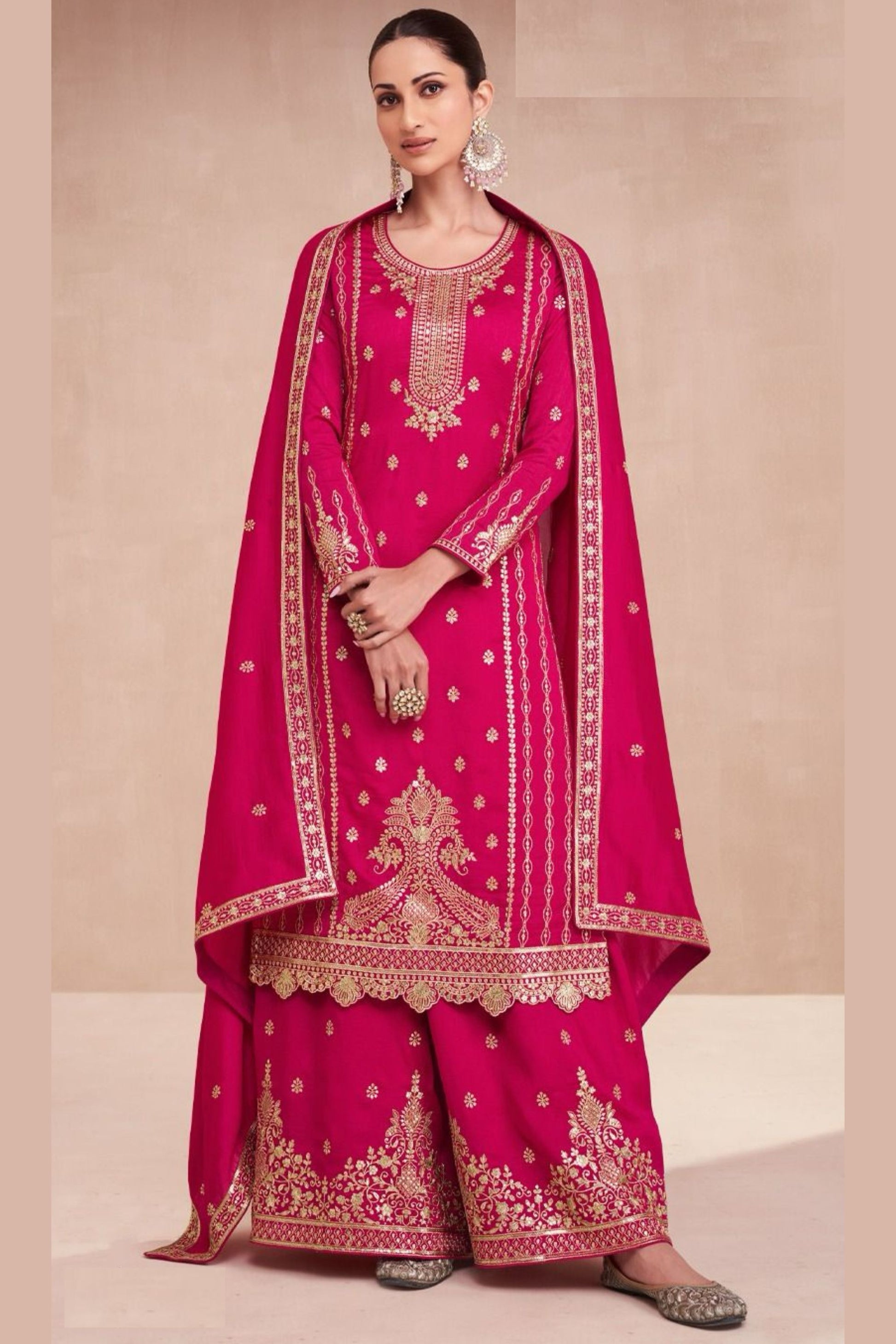 Pink Silk Kameez with Plazzo And Dupatta For Indian Suit Festivals & Pakistani Weddings - Embroidery Work