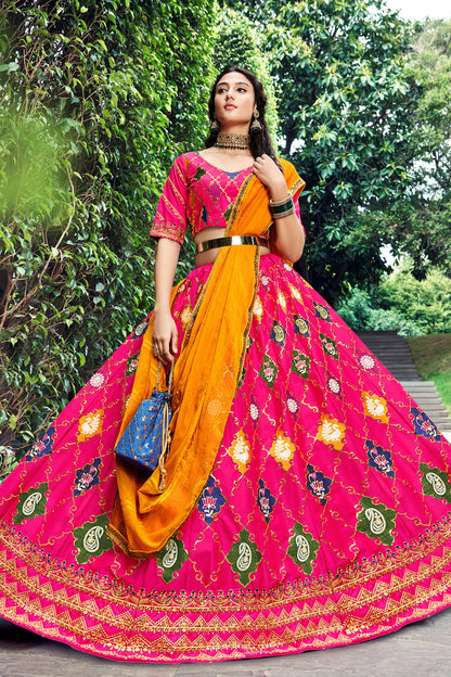 Pink Silk Lehenga Choli For Indian Festivals & Weddings - Sequence Embroidery Work, Thread Work