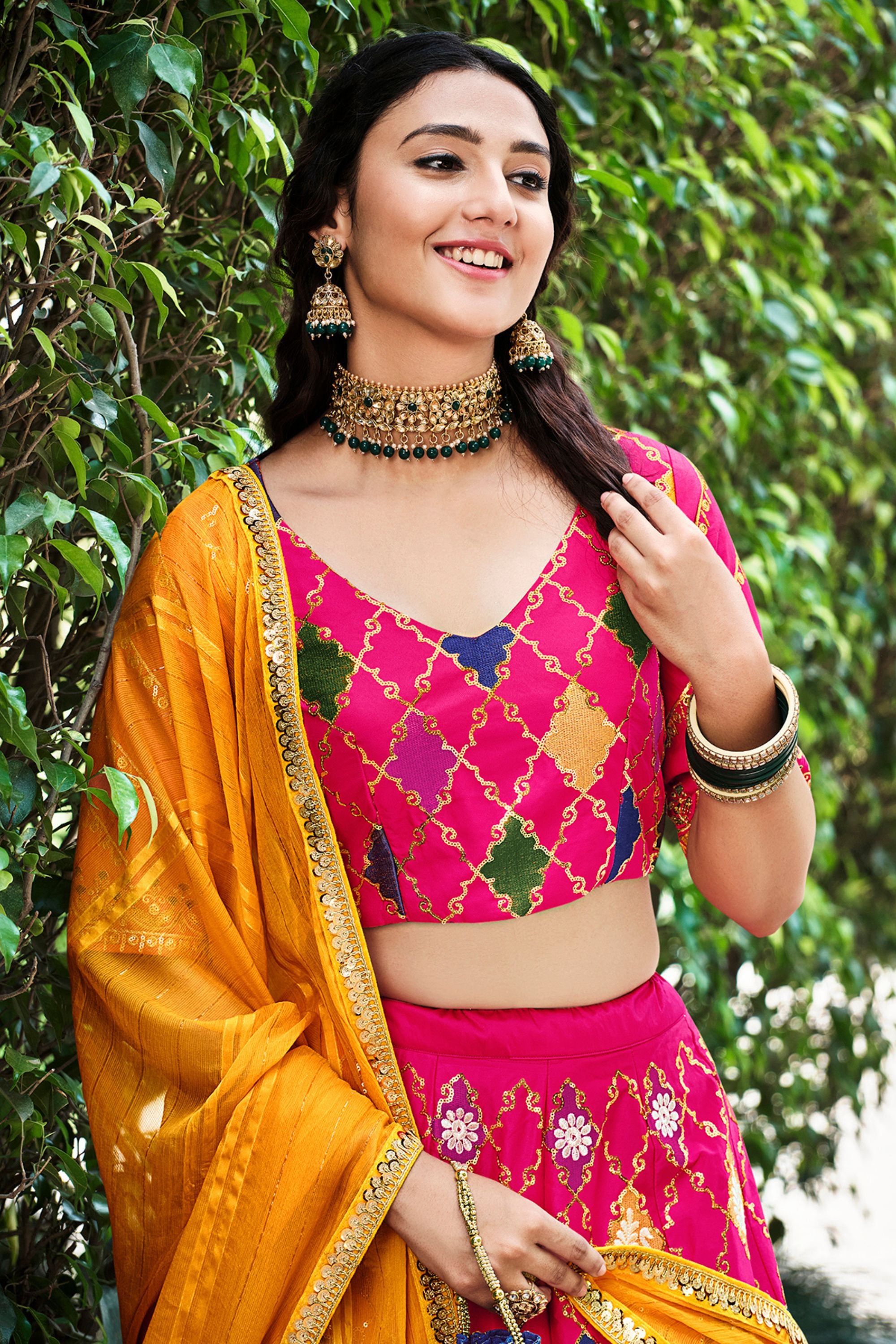 Pink Silk Lehenga Choli For Indian Festivals & Weddings - Sequence Embroidery Work, Thread Work