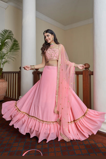 Pink Pakistani Silk Ruffle Lehenga Choli For Indian Festivals & Weddings - Sequence Embroidery Work, Thread Embroidery Work, Mirror Work, Zari Work, Dori Work