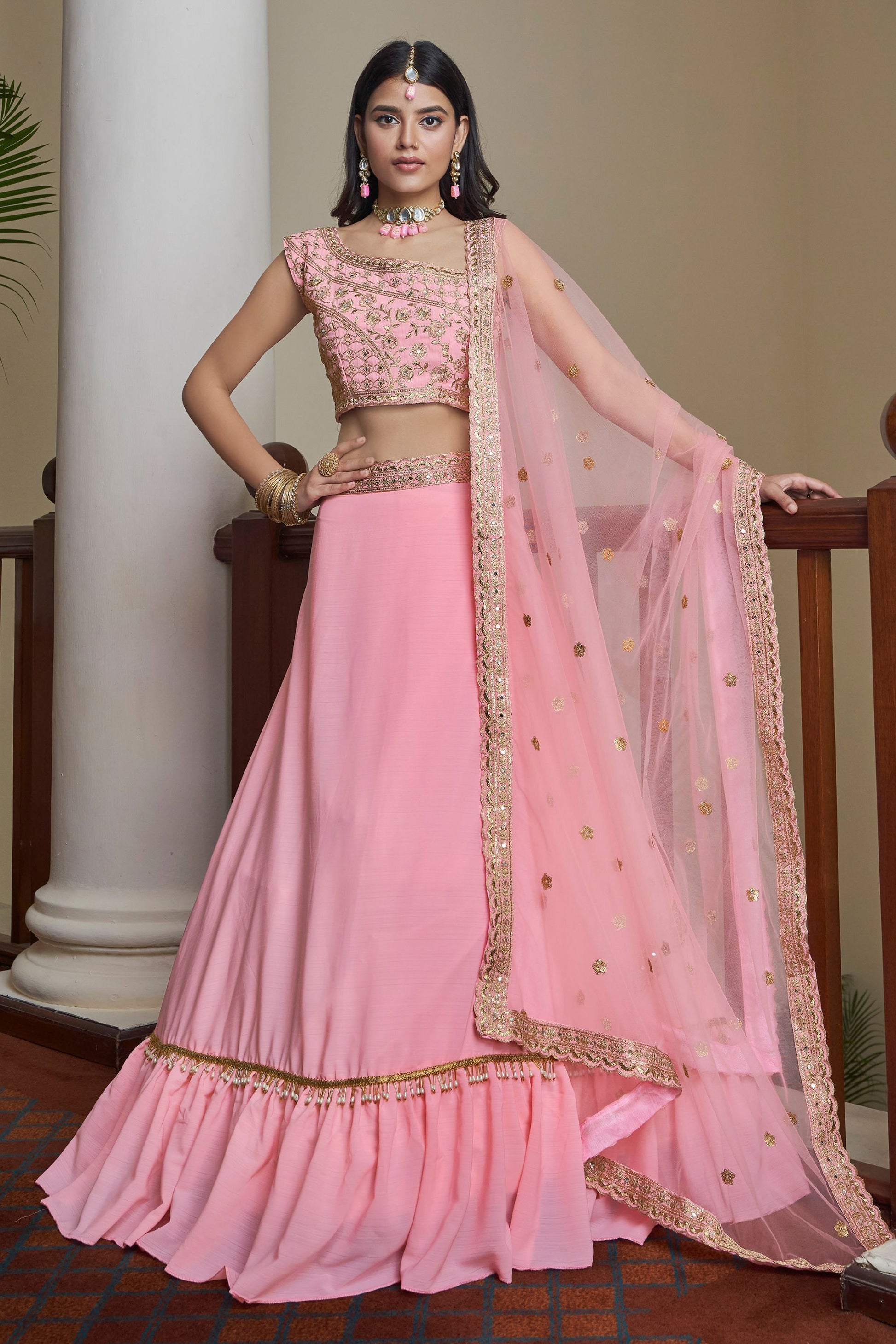 Pink Pakistani Silk Ruffle Lehenga Choli For Indian Festivals & Weddings - Sequence Embroidery Work, Thread Embroidery Work, Mirror Work, Zari Work, Dori Work