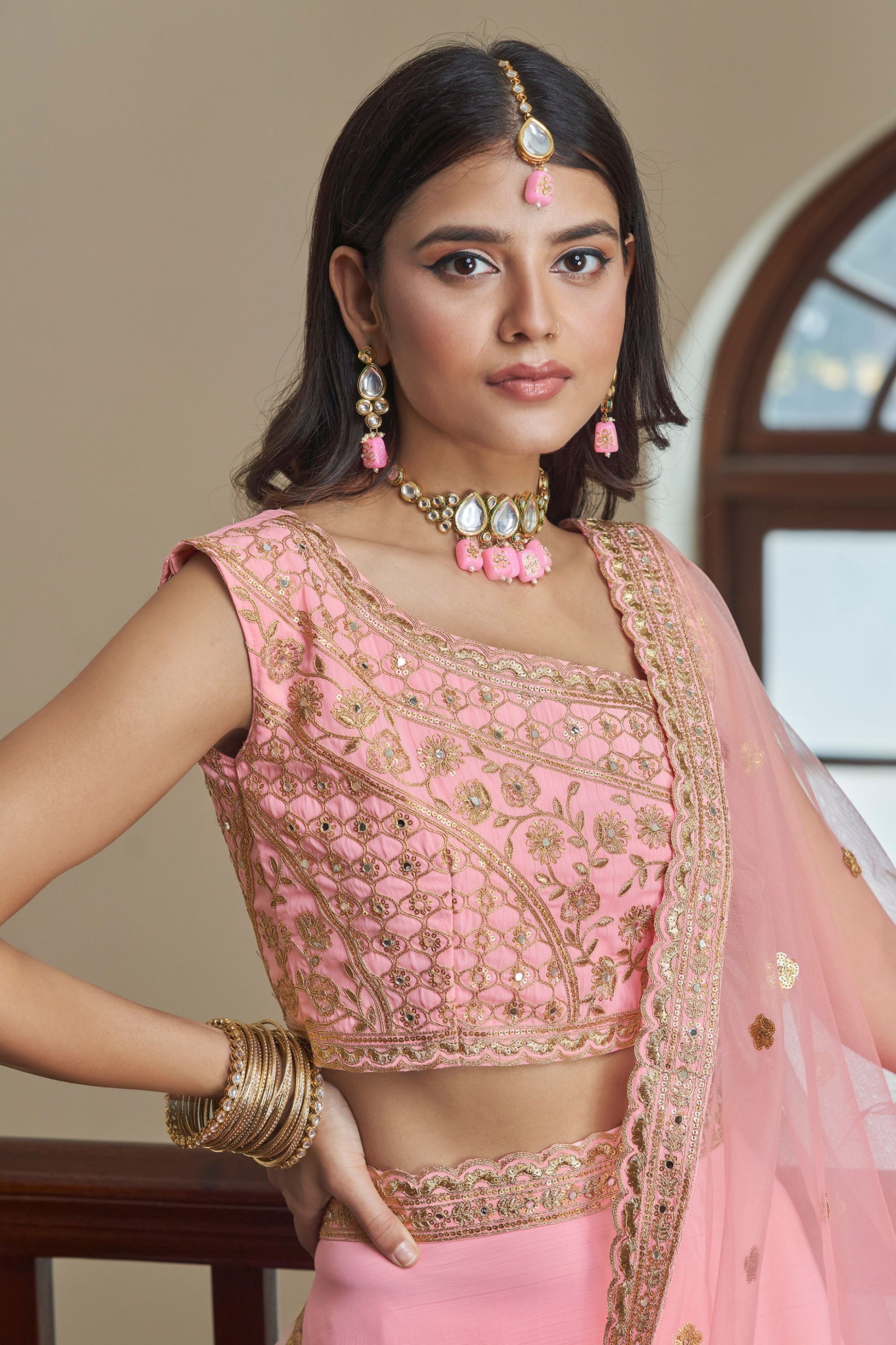 Pink Pakistani Silk Ruffle Lehenga Choli For Indian Festivals & Weddings - Sequence Embroidery Work, Thread Embroidery Work, Mirror Work, Zari Work, Dori Work