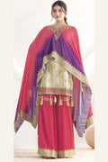 Pink Simmer Jacquad Silk Kameez With Attech Kaftan With Sharara For Indian & Pakistani Wedding Festival - Sequins & Thread Embroidery Work, Print Work