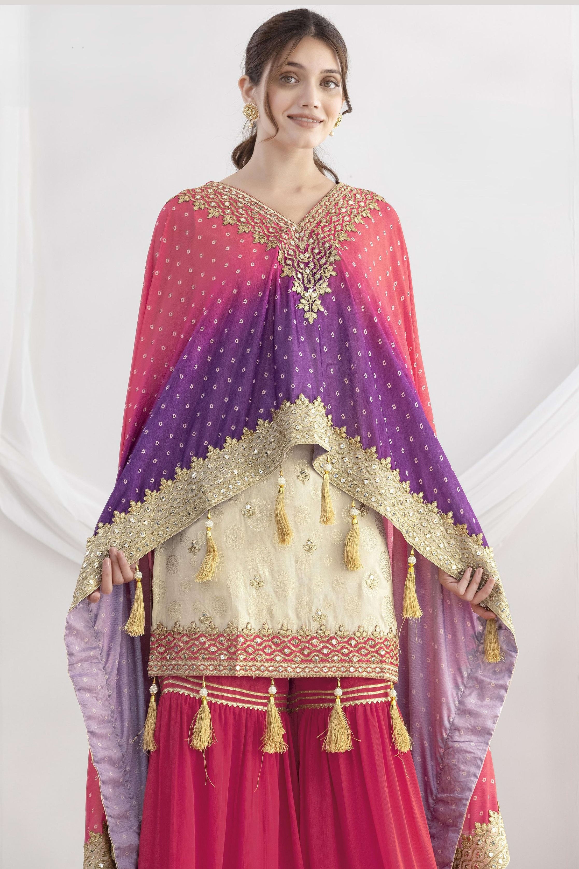 Pink Simmer Jacquad Silk Kameez With Attech Kaftan With Sharara For Indian & Pakistani Wedding Festival - Sequins & Thread Embroidery Work, Print Work
