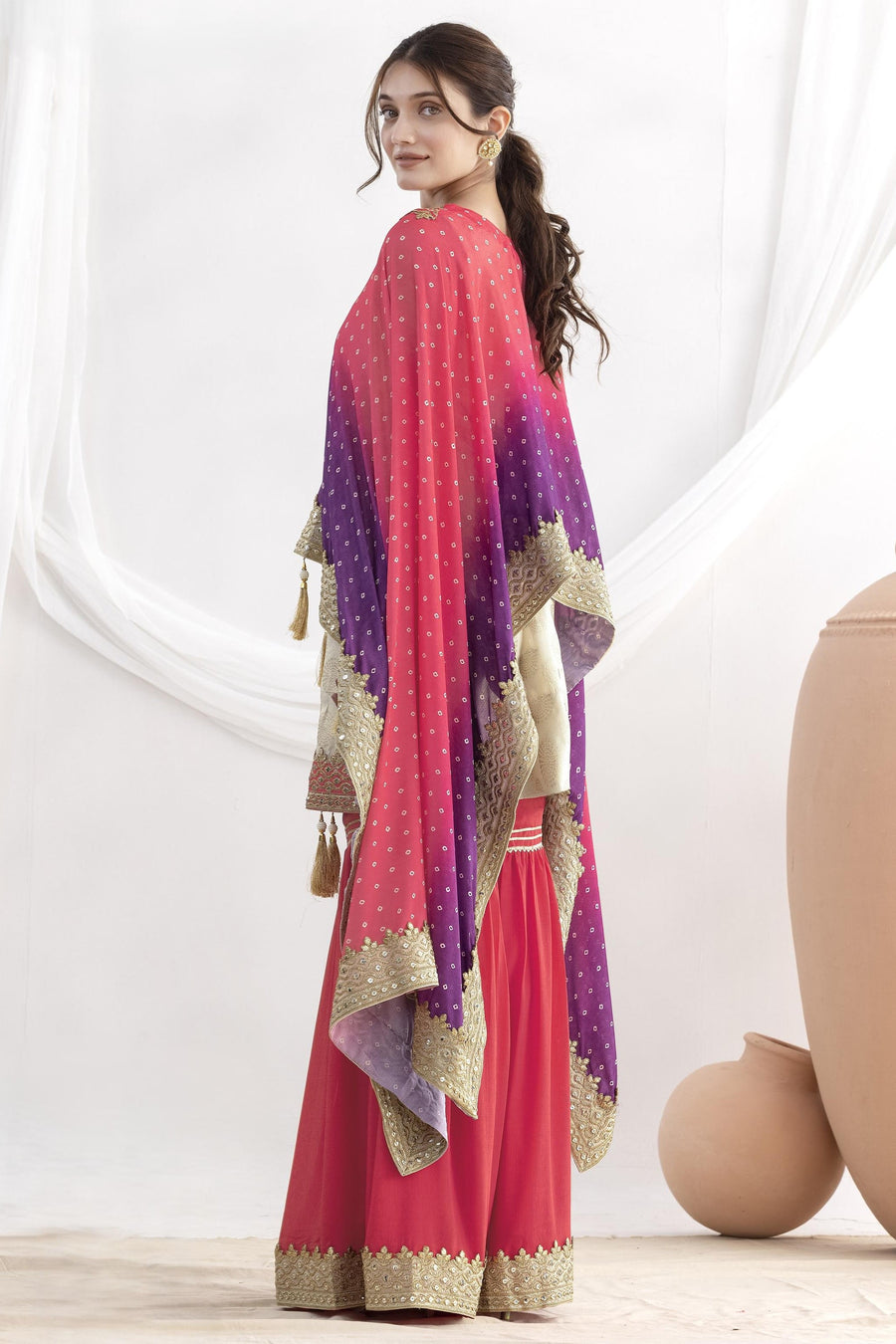 Pink Simmer Jacquad Silk Kameez With Attech Kaftan With Sharara For Indian & Pakistani Wedding Festival - Sequins & Thread Embroidery Work, Print Work