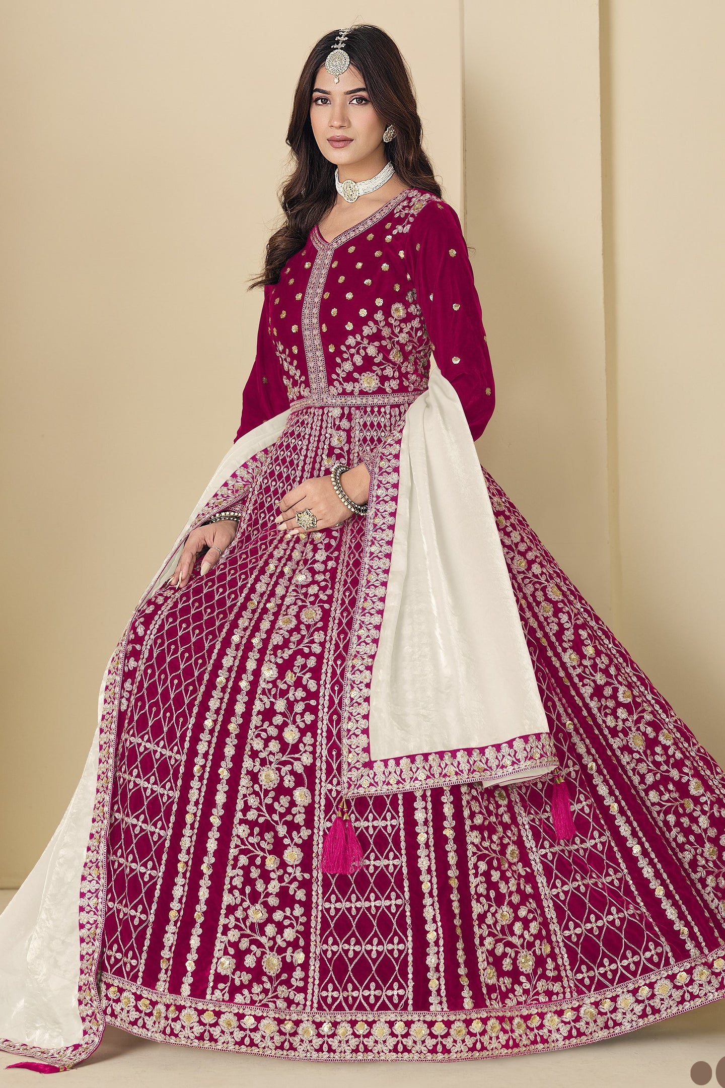 Pink Velvet Suit Women Anarkali with Dori and Sequins Work