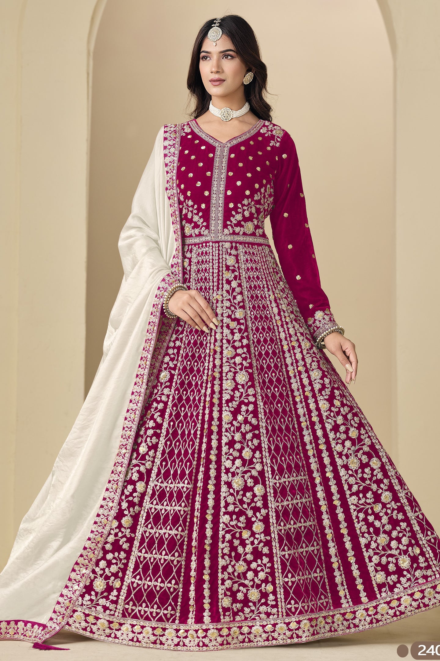 Pink Velvet Suit Women Anarkali with Dori and Sequins Work