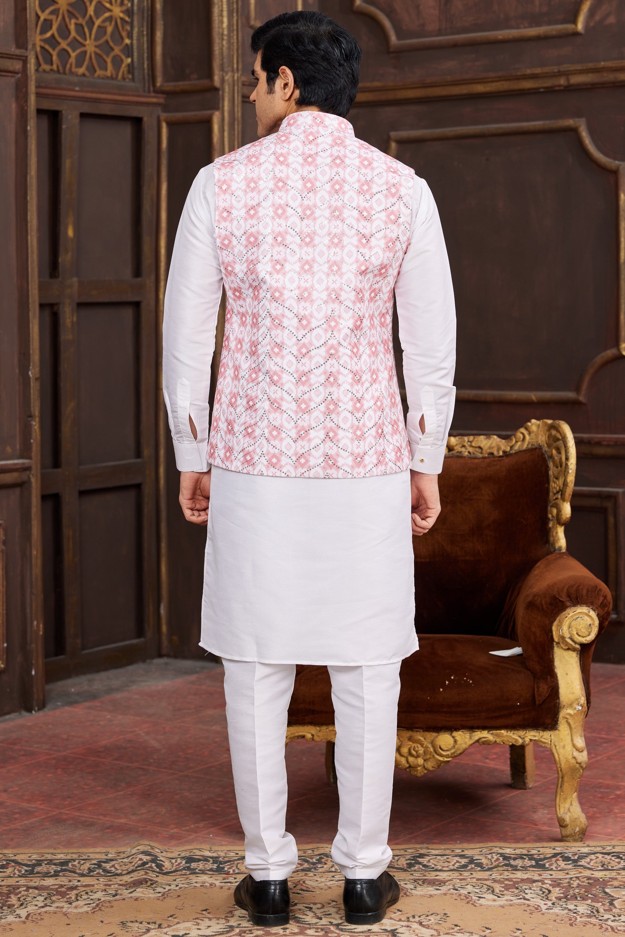 Pink White Art Silk Kurta Pajama with Waistcoat Jacket for Men for Wedding & Festivals - Print Work
