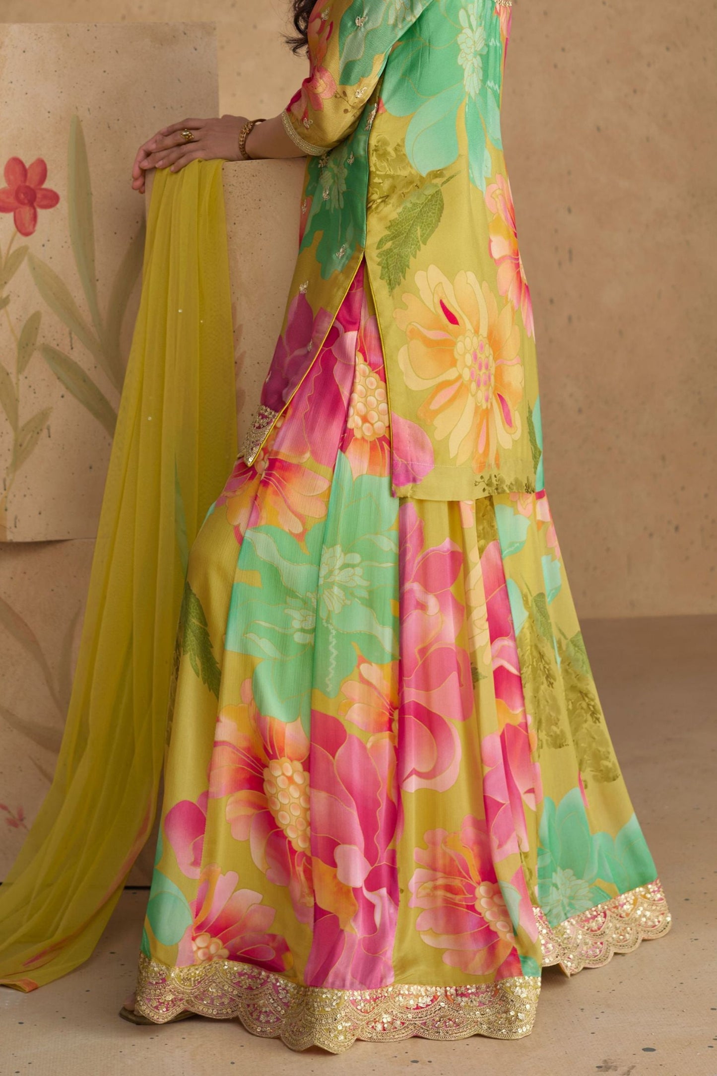 Multicolor Green Chinon Silk Flower Printed Plazo Suit for Indian Partywear & Weddings - Print Work, Embroidery Work