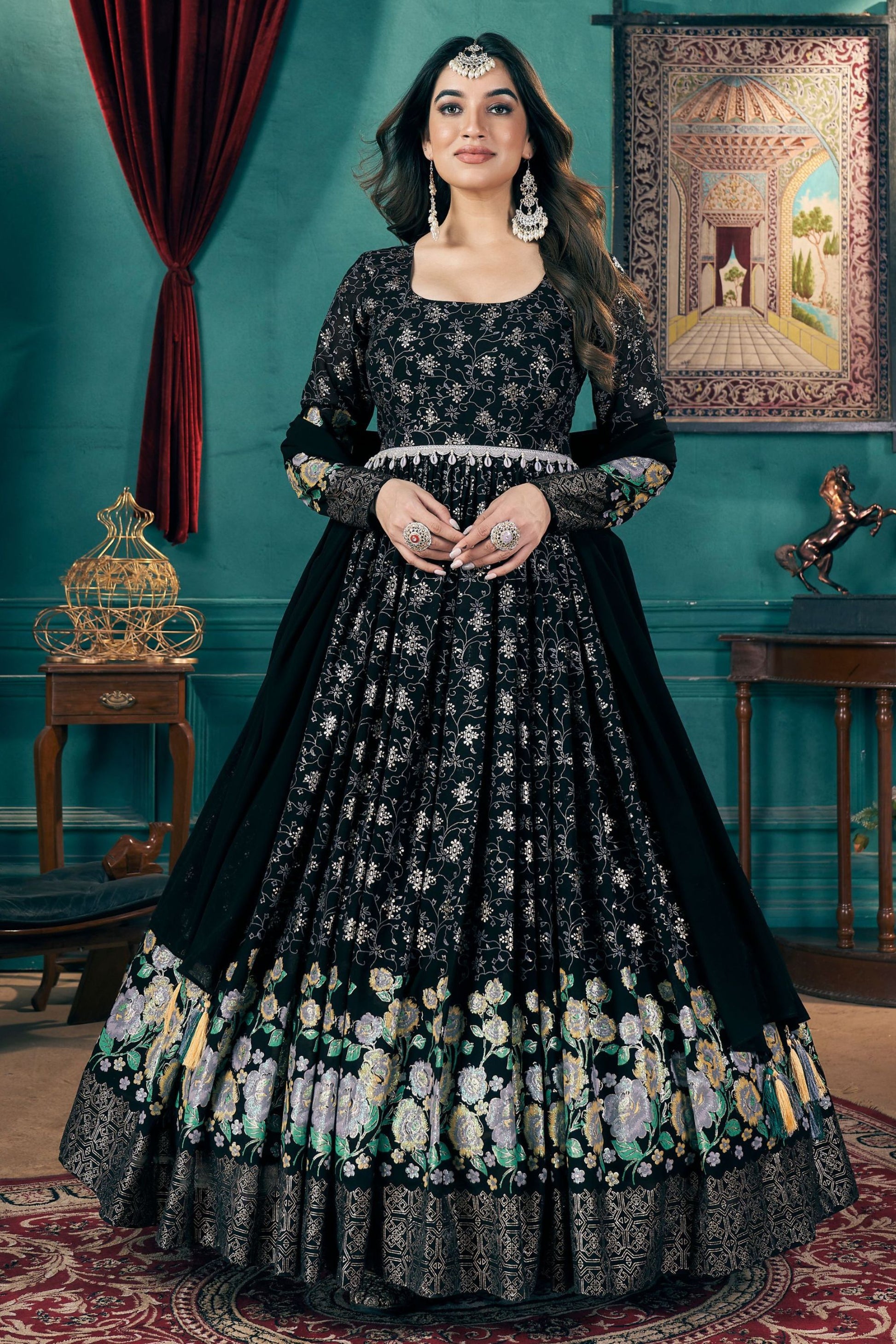 Black Georgette Full Floor Length Anarkali Suit For Indian Festival & Wedding - Metallic Foil Work