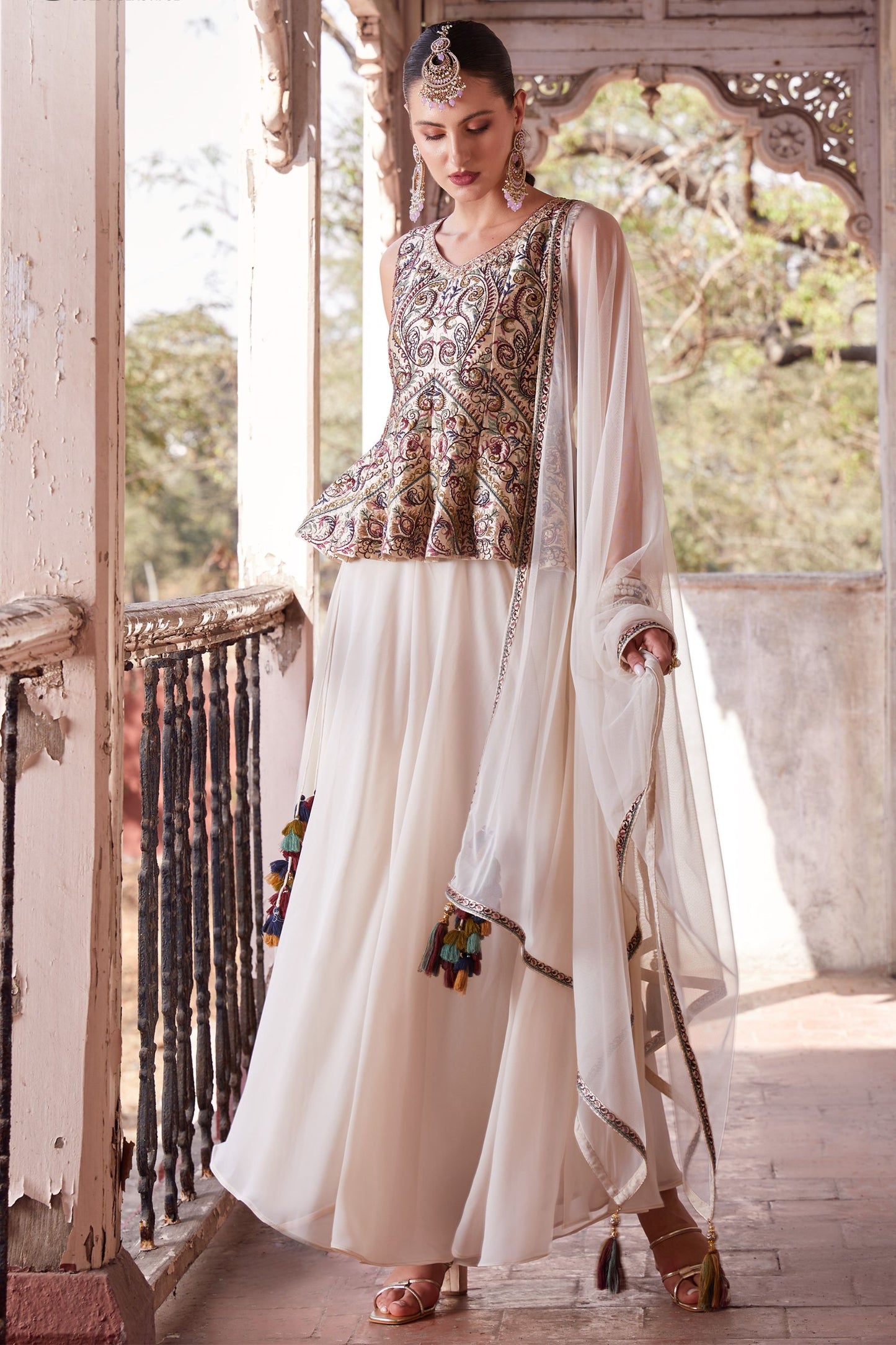 Off White Georgette Long Top Palazzo Suit For Indian Weddings & Festivals - Thread & Sequence Embroidery Work, Zari Work