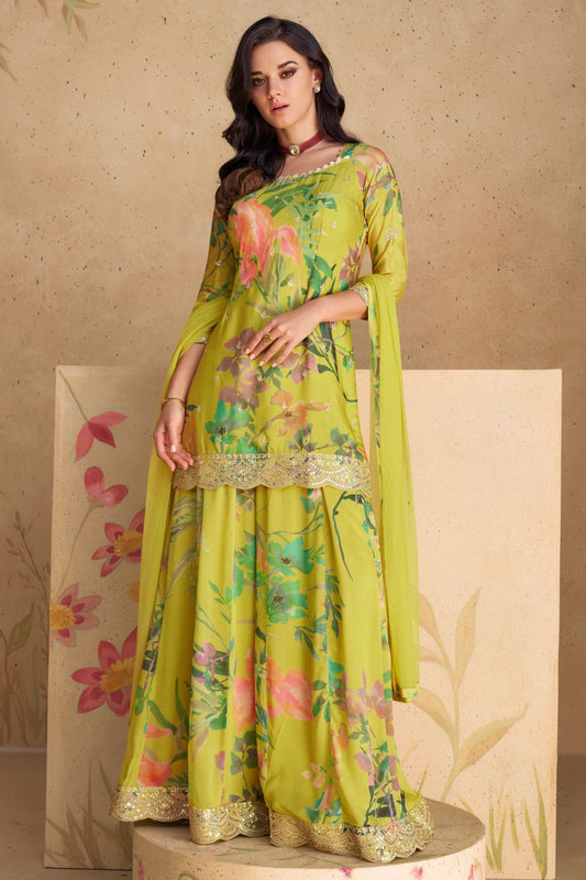 Green Chinon Silk Flower Printed Plazo Suit for Indian Partywear & Weddings - Print Work, Embroidery Work