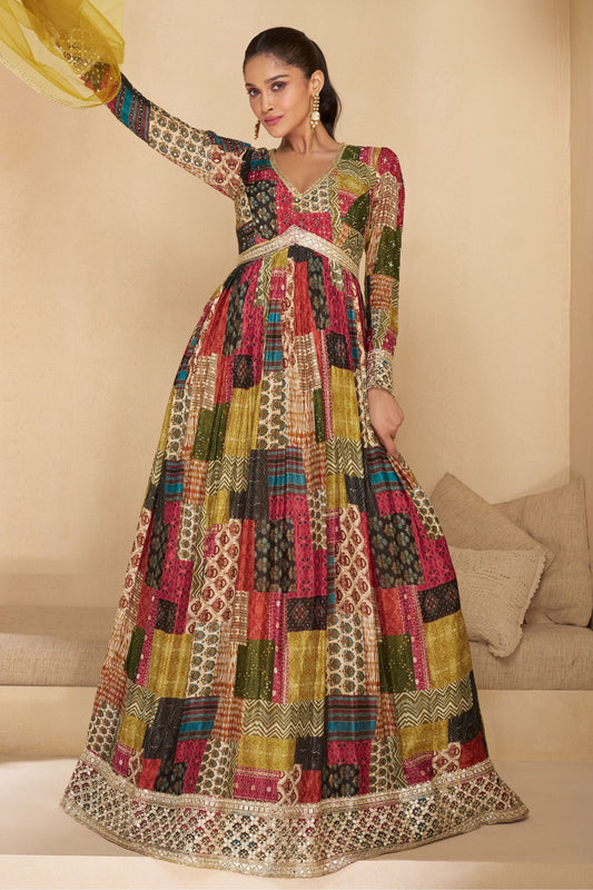 Multicolor Georgette Floor Full Length Printed Anarkali Suit For Indian Festivals & Weddings - Embroidery Work, Print Work