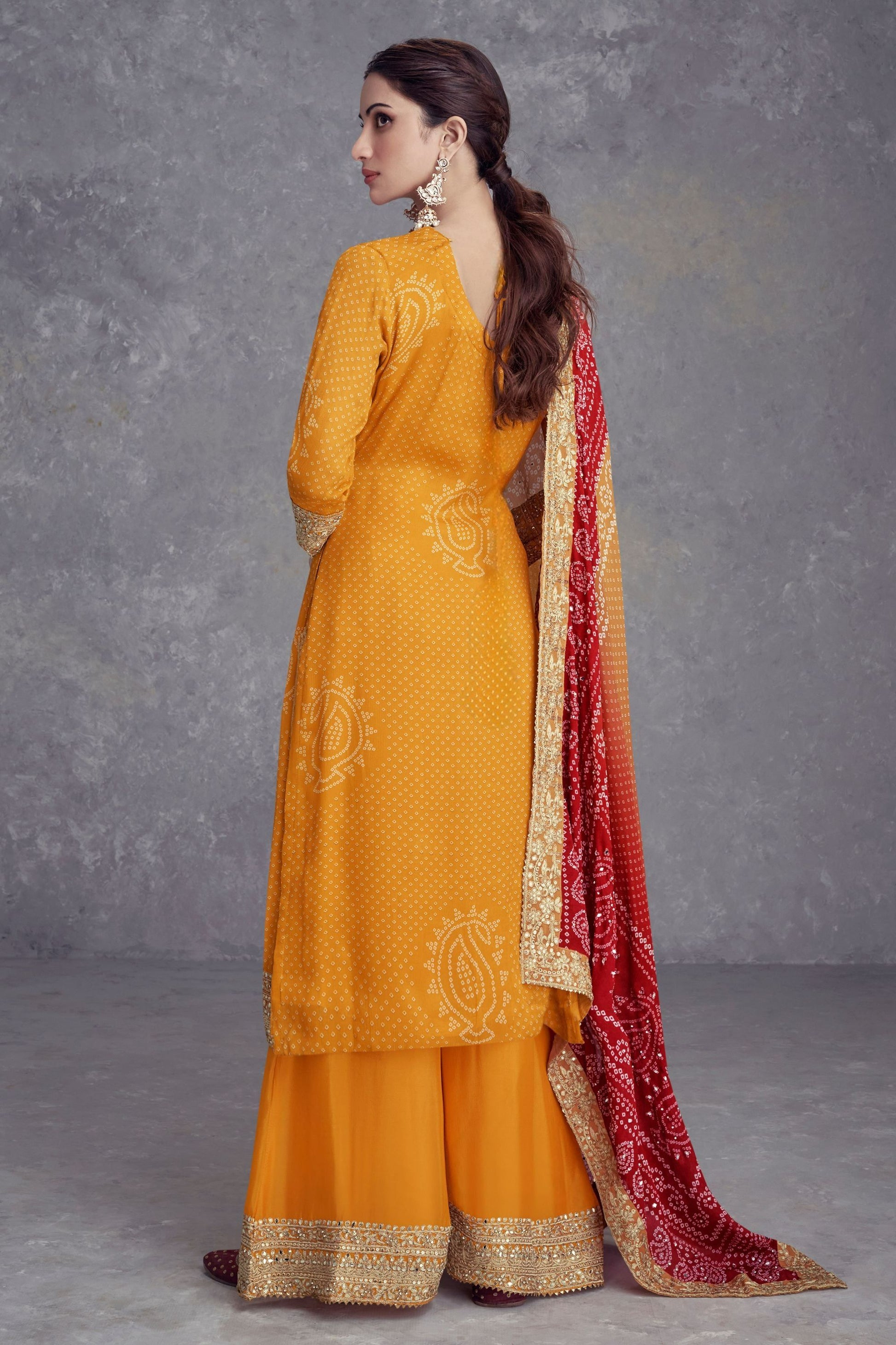 Yellow Chinon Silk Palazzo Suit For Indian Festivals & Weddings - Embroidery Work, Mirror Work, Print Work