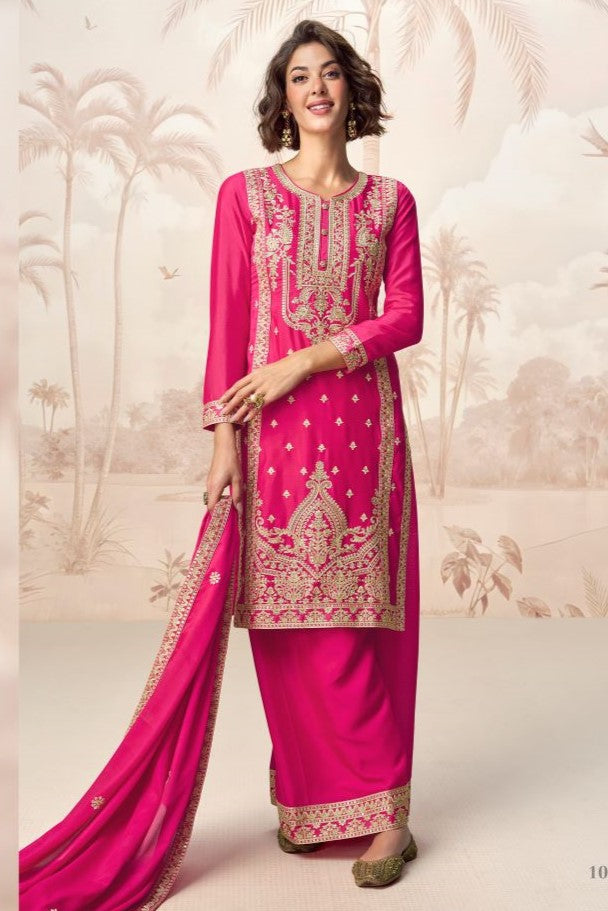 Pink Chinon Silk Kurta with Palazo Indian Wedding Suits with Dori and Sequins Work