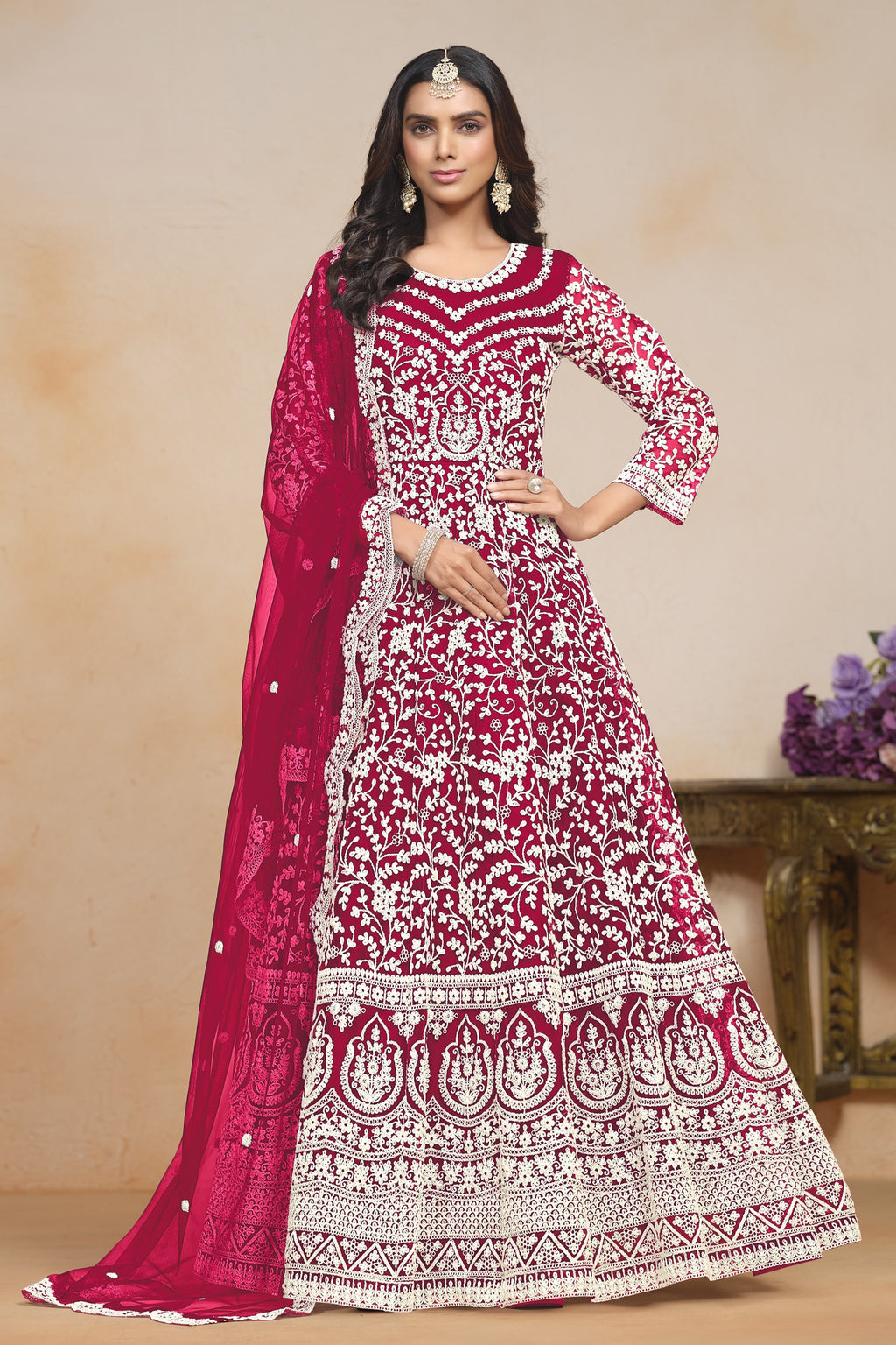 Pink Net Dori Work Anarkali for Wedding Function