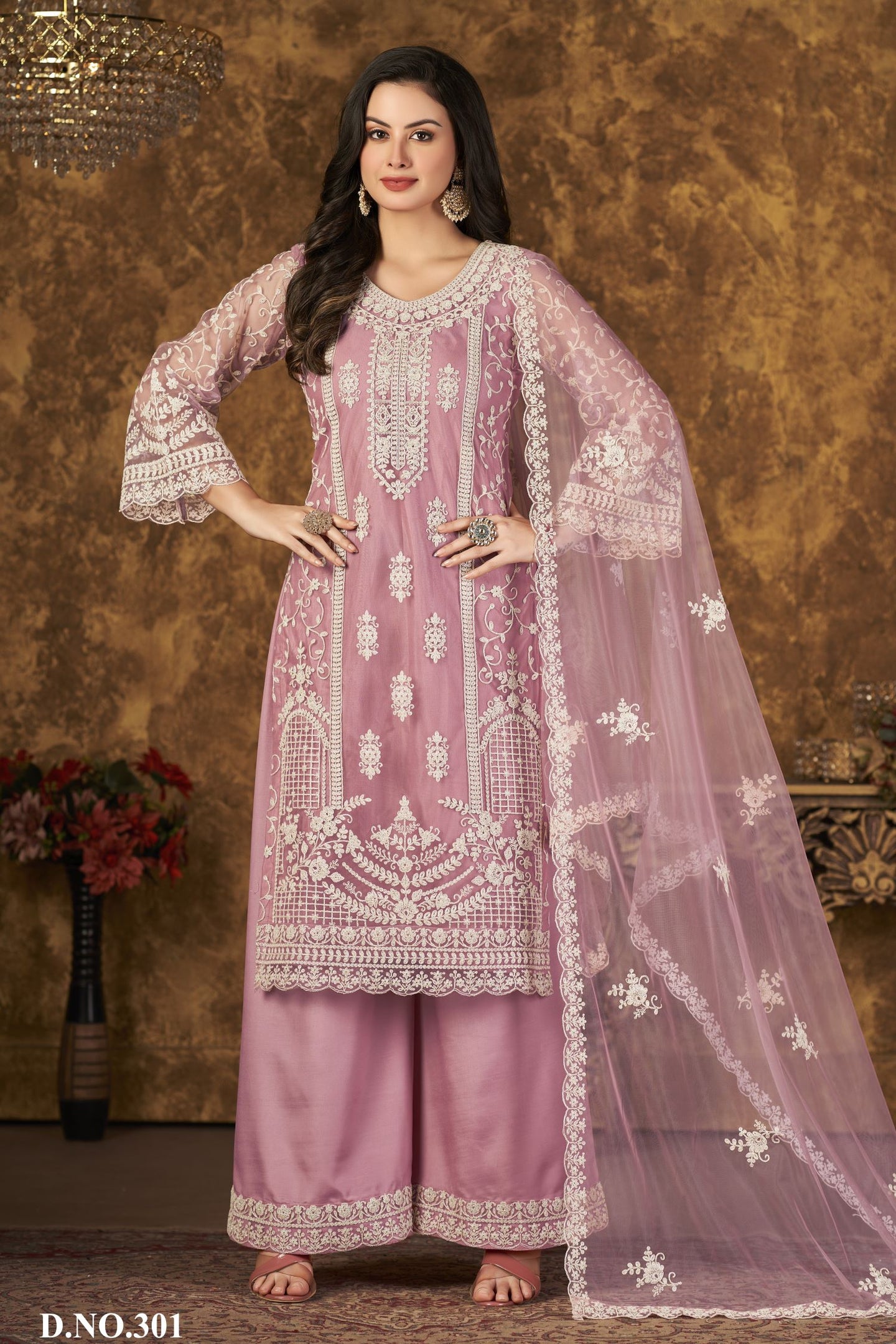 Pink Net Plazo Pakistani Style Wedding Dresses with Thread Embroidery