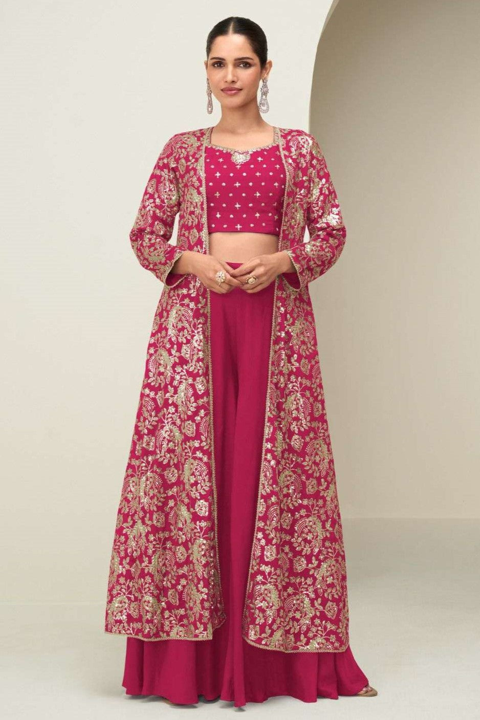 Pink Chinon Silk Crop Top with Jacket and Palazzo with Thread and Sequins Embroidery Work