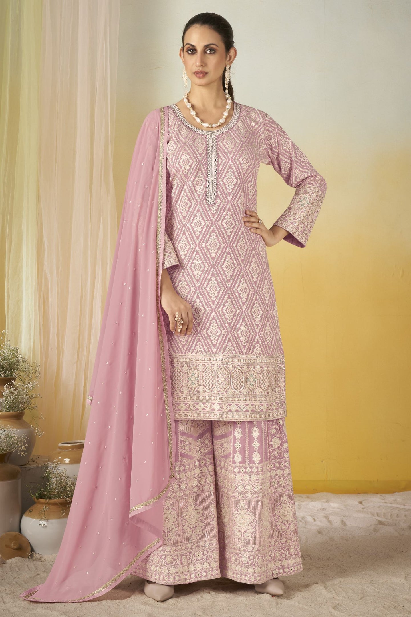 Baby Pink Georgette Thread Embroidered Latest Plazo Design for Wedding