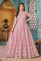Pink Net Anarkali Indian Party Wear Dresses with Sequins and Thread Embroidery Work