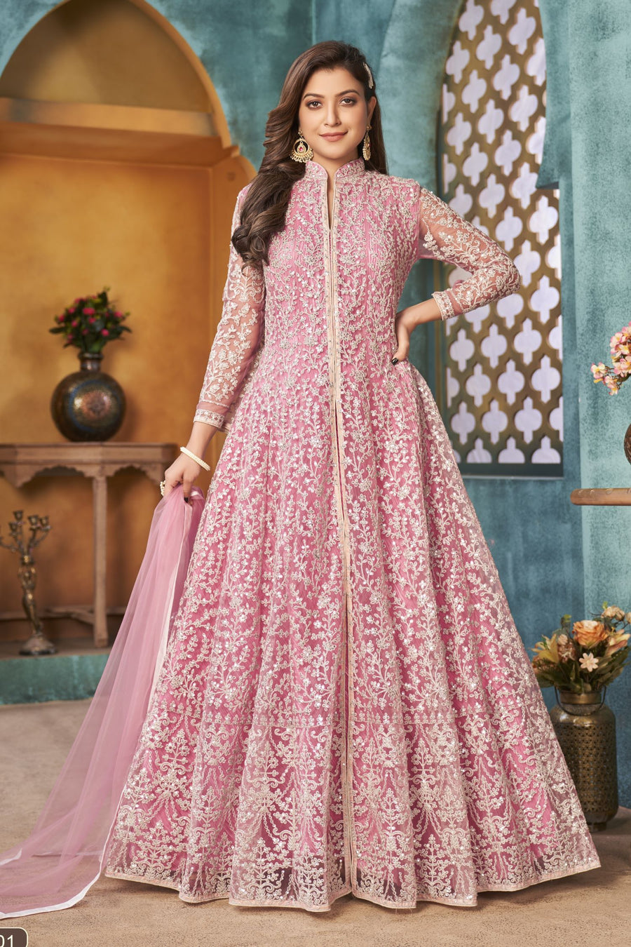 Pink Net Anarkali Indian Party Wear Dresses with Sequins and Thread Embroidery Work