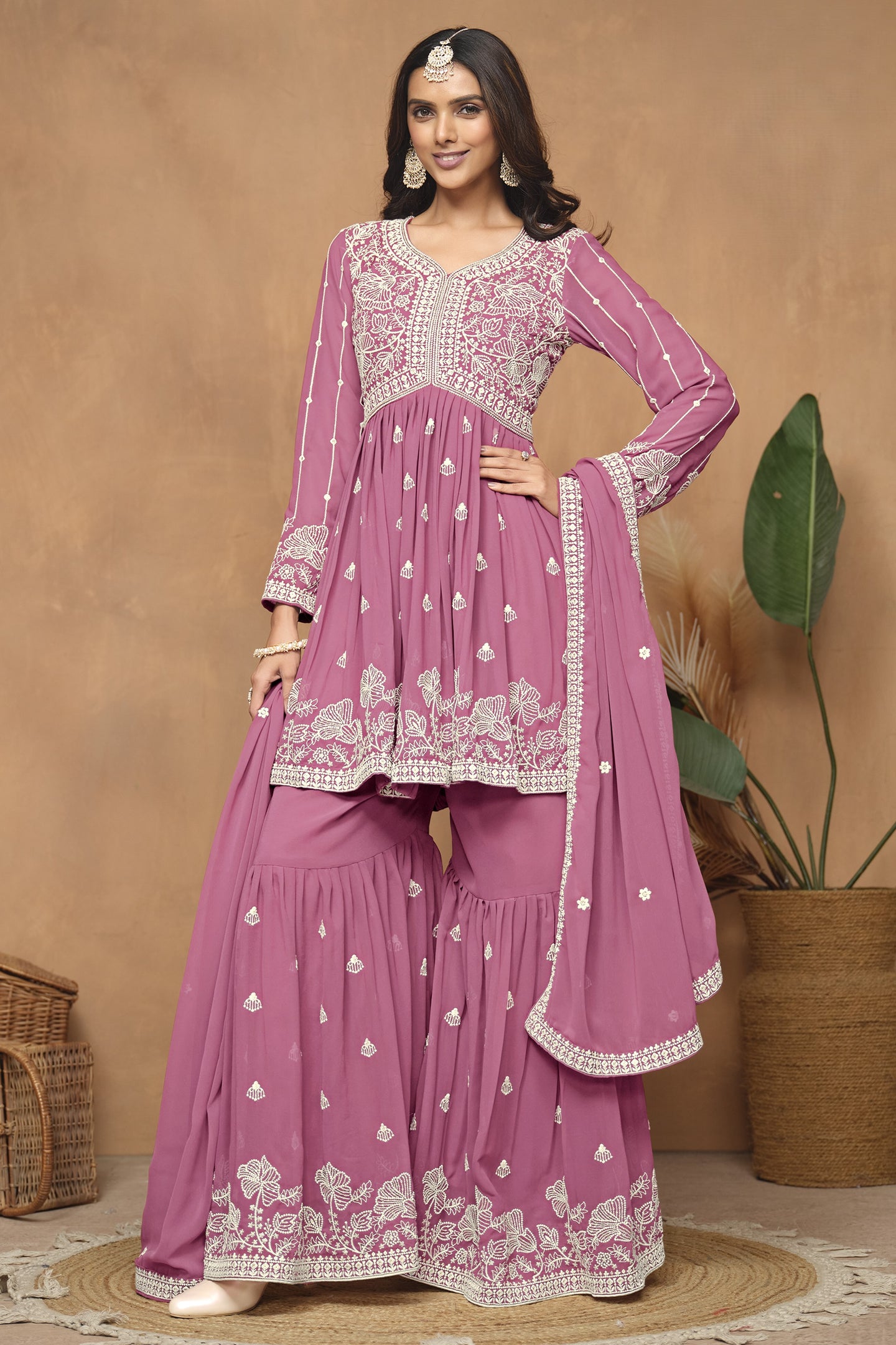 Pink Georgette Light Sharara Suit with Thread Embroidery Work