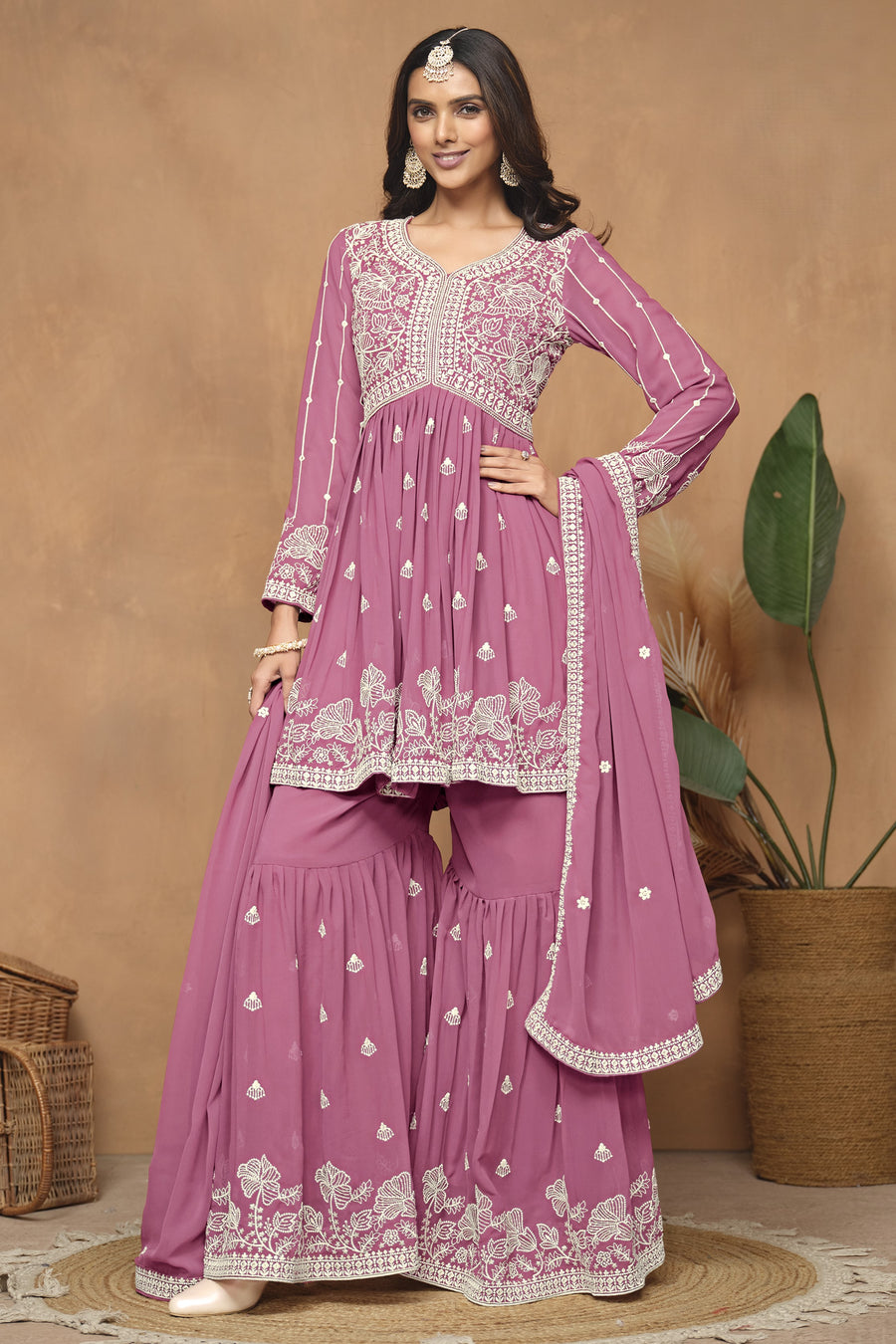 Pink Georgette Light Sharara Suit with Thread Embroidery Work