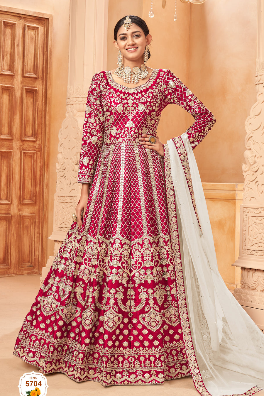 Dark Pink Art Silk Anarkali Pakistani Dresses Traditional With Thread Embroidery Work