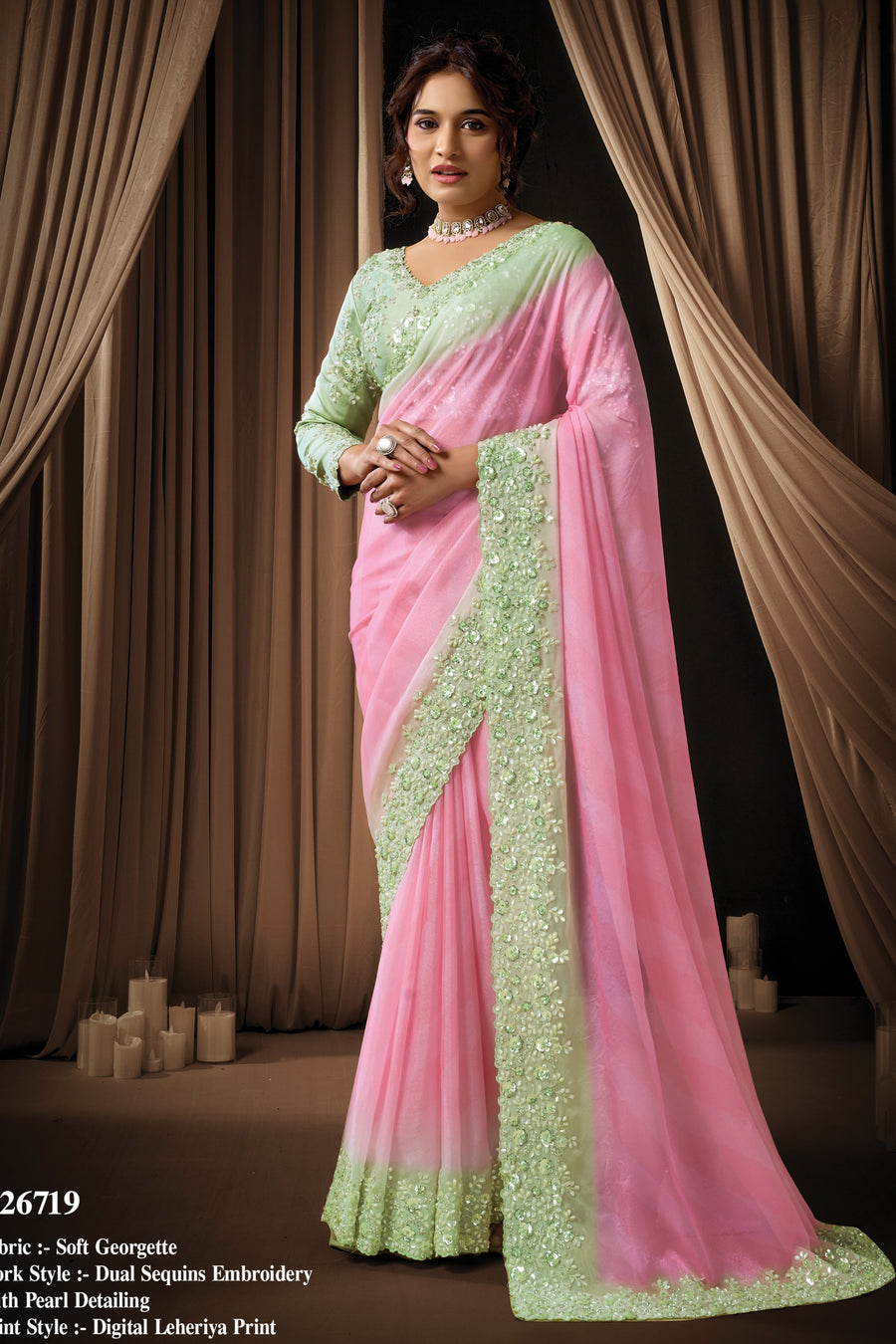 Pink Satin Lahariya Print Saree for Wedding Guest with Pearl Handwork and Sequins