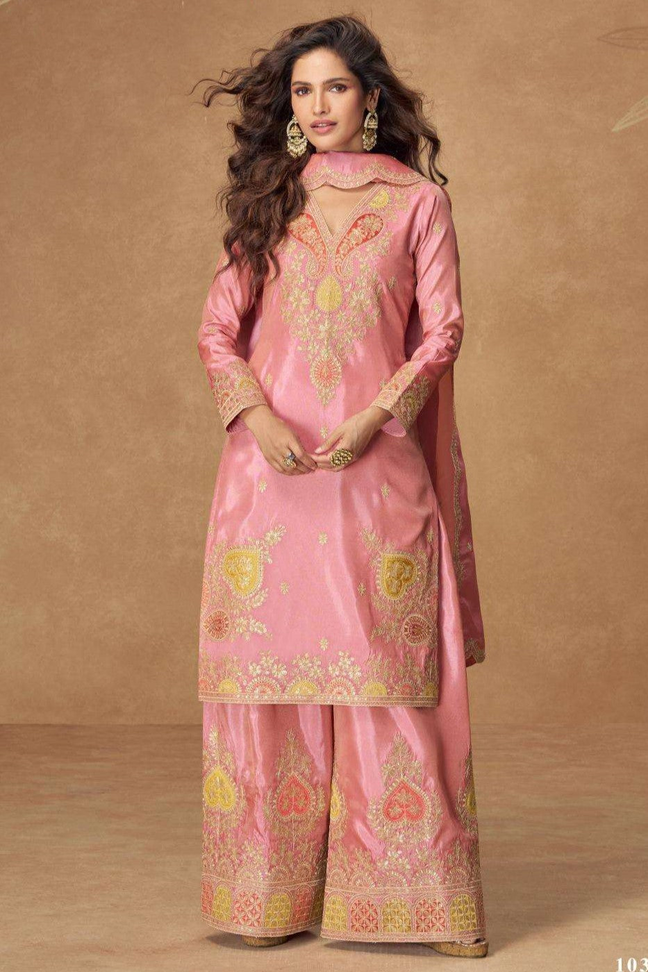 Pink Indian Palazzo Suits Online in Simmer Silk with Thread & Sequins