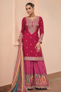 Red Chinon Silk Indian Palazzo Suit with Print & Embroidery Work