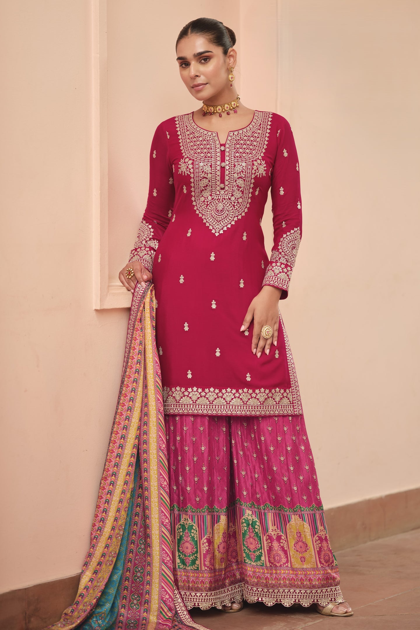 Red Chinon Silk Indian Palazzo Suit with Print & Embroidery Work