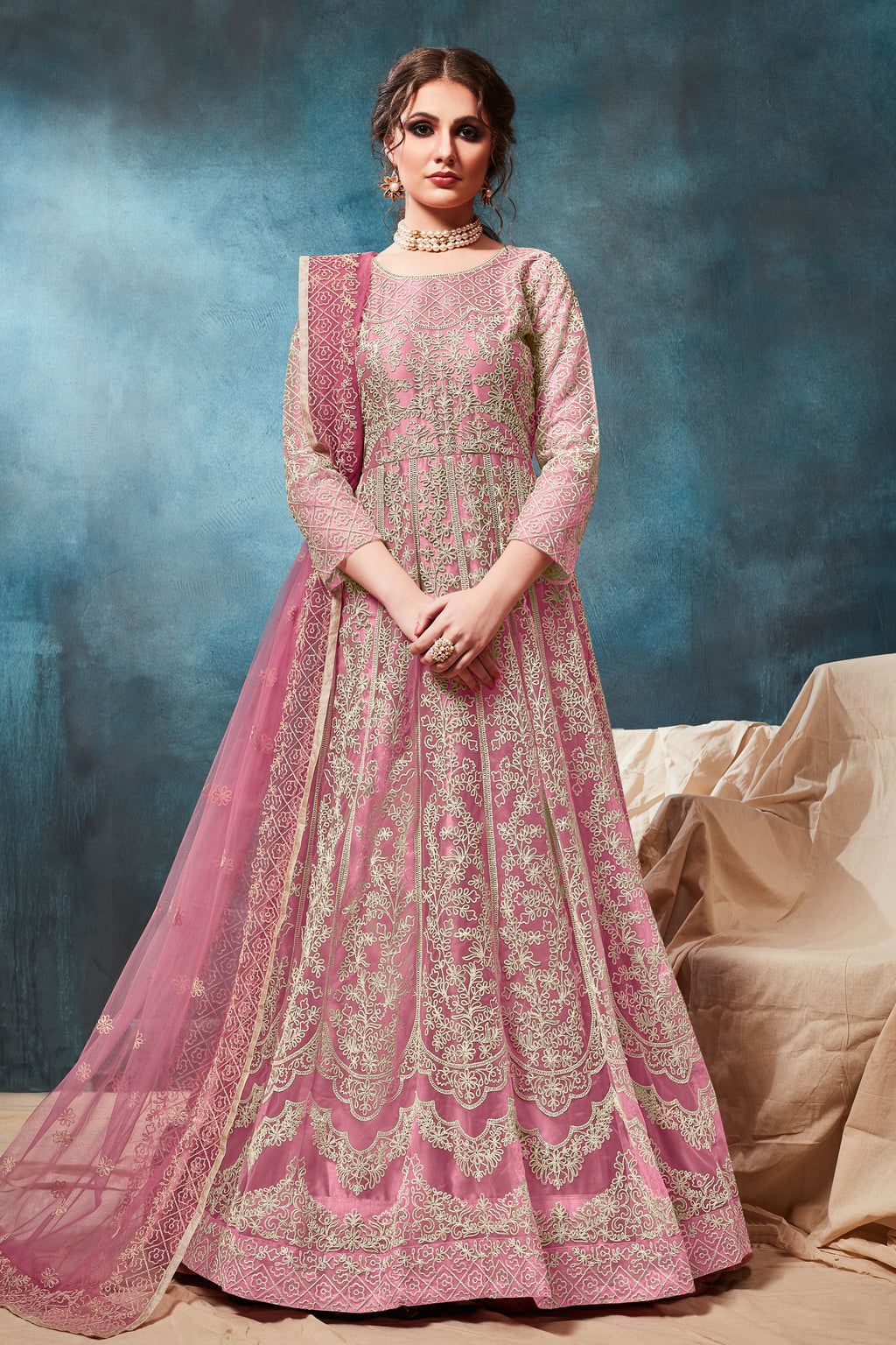 Pink Net Dori Embroidery Anarkali from our Indian Dresses for Women Collection