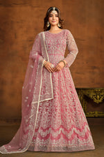 Pink Net Thread Embroidery Anarkali Dress for Reception