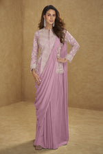 Pink Chinon Silk Jacket with Draped Saree with Thread and Sequins Work