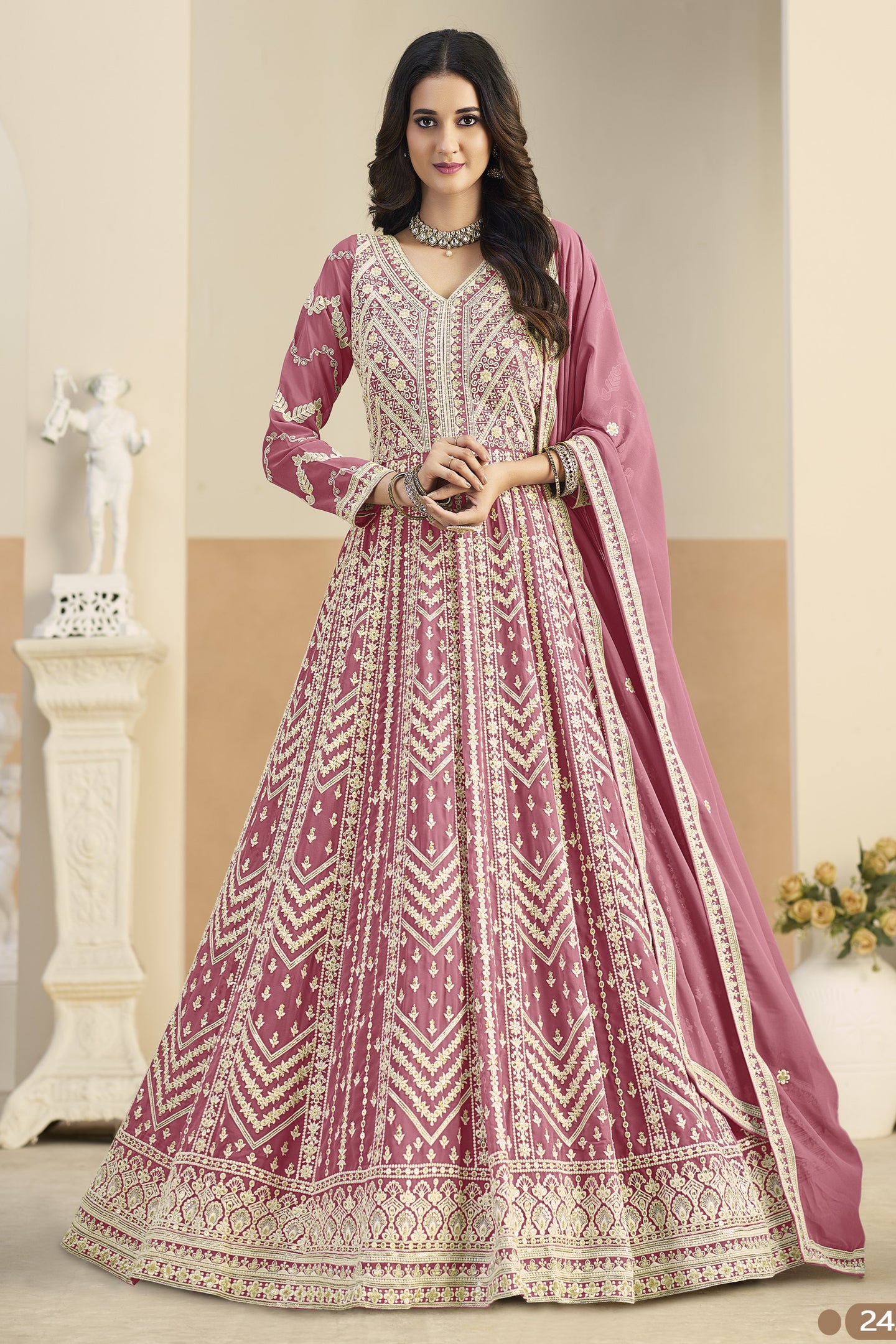 Pink Georgette Anarkali Dress for Sangeet with Embroidery
