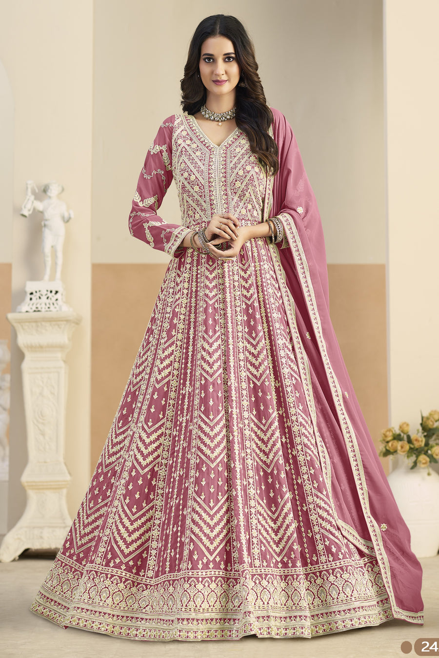 Pink Georgette Anarkali Dress for Sangeet with Embroidery