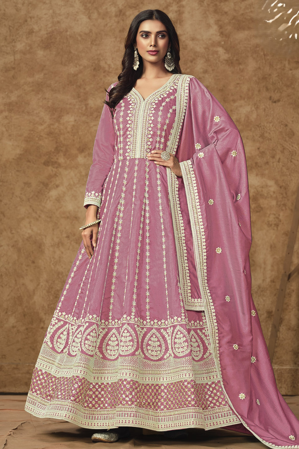 Pink Chinon Silk Anarkali Dress for Wedding with Thread and Sequins Embroidery