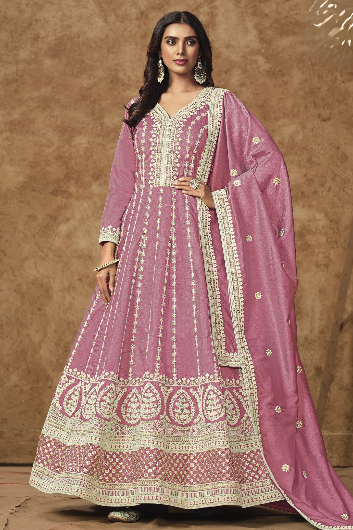 Pink Chinon Silk Anarkali Dress for Wedding with Thread and Sequins Embroidery
