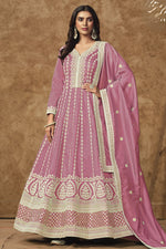Pink Chinon Silk Anarkali Dress for Wedding with Thread and Sequins Embroidery