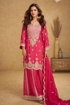 Pink Chinon Silk Palazo Suit Design for Wedding with Thread and Sequins Embroidery