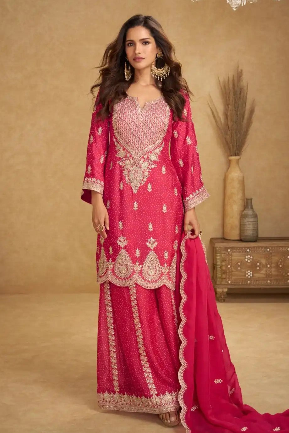 Pink Chinon Silk Palazo Suit Design for Wedding with Thread and Sequins Embroidery