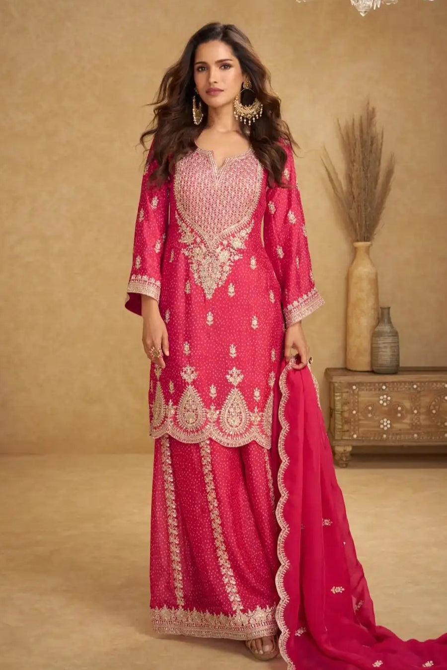 Pink Chinon Silk Palazo Suit Design for Wedding with Thread and Sequins Embroidery