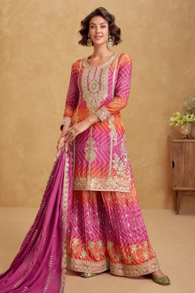 Pink Chinon Silk Bandhani Palazzo Suits with Bandhni Print & Embroidery Work