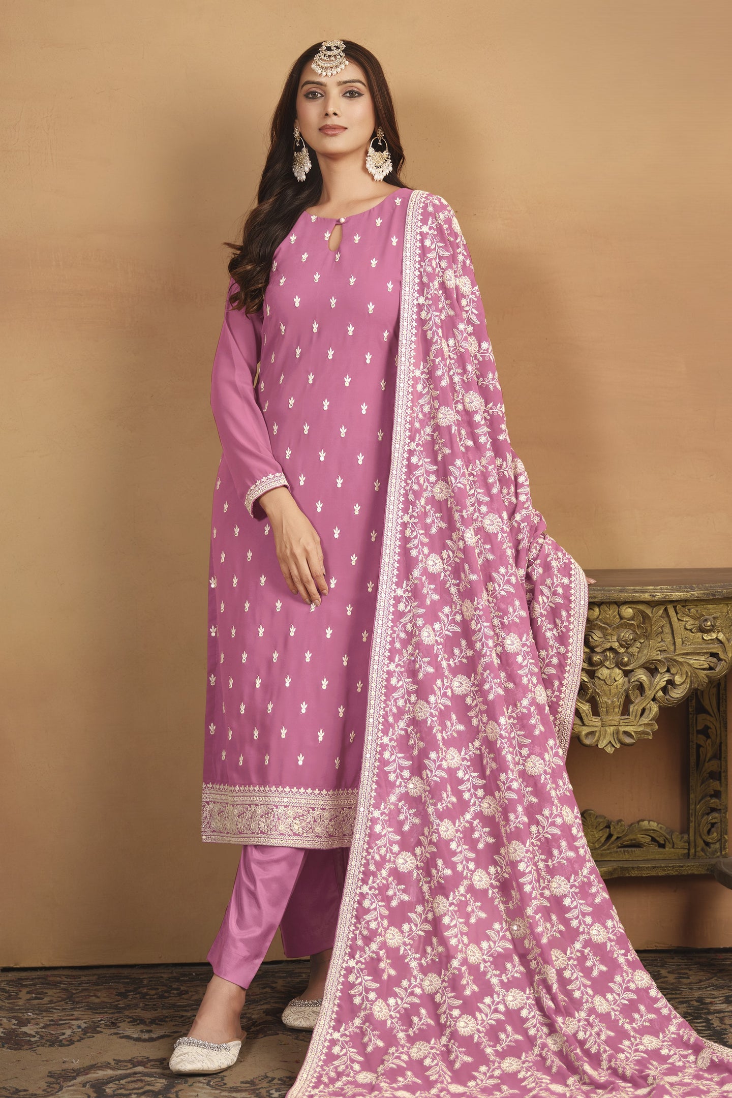 Pink Georgette Embroidered Dress Womens Kameez with Pant