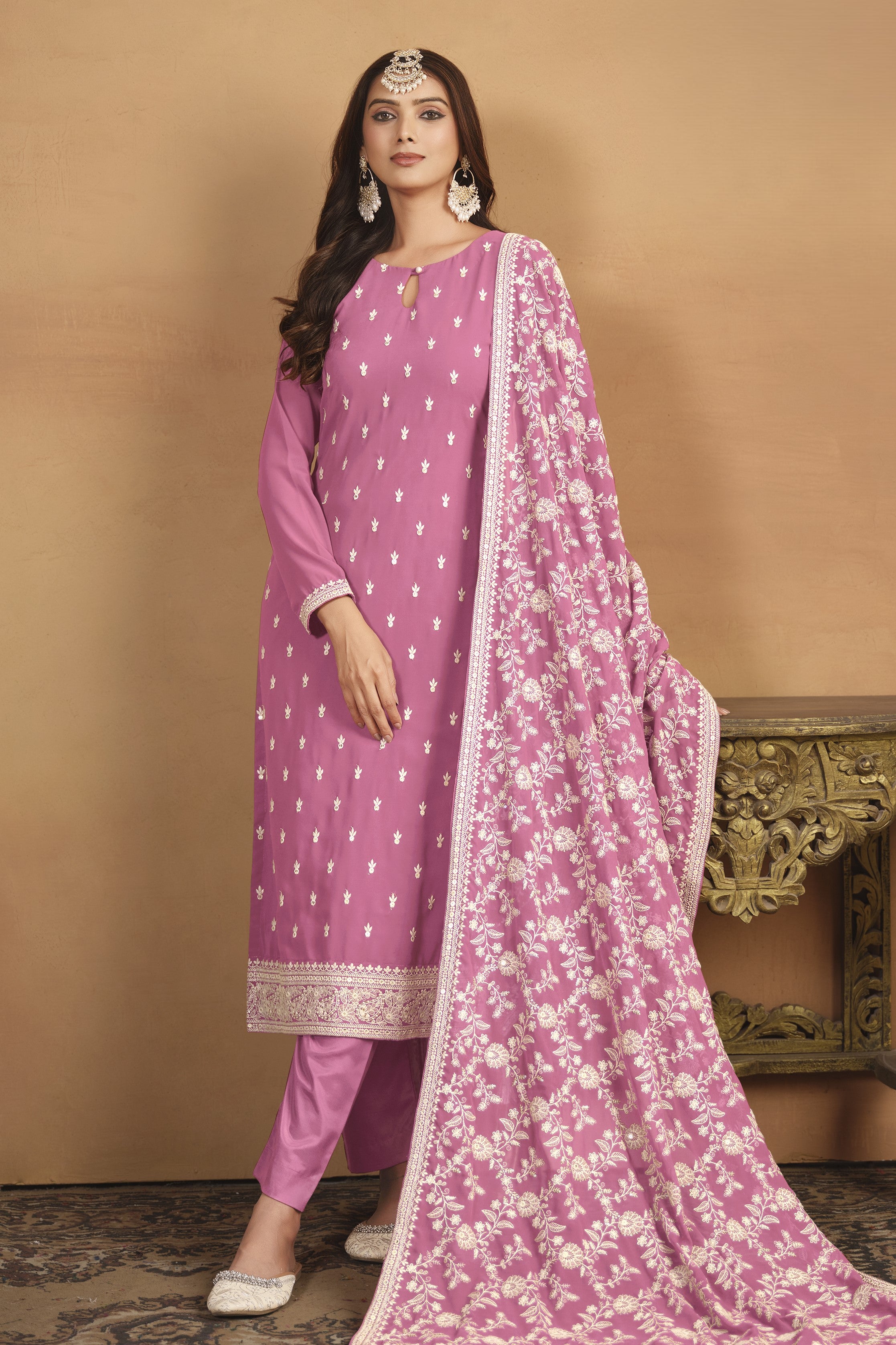 Pink Georgette Embroidered Dress Womens Kameez with Pant