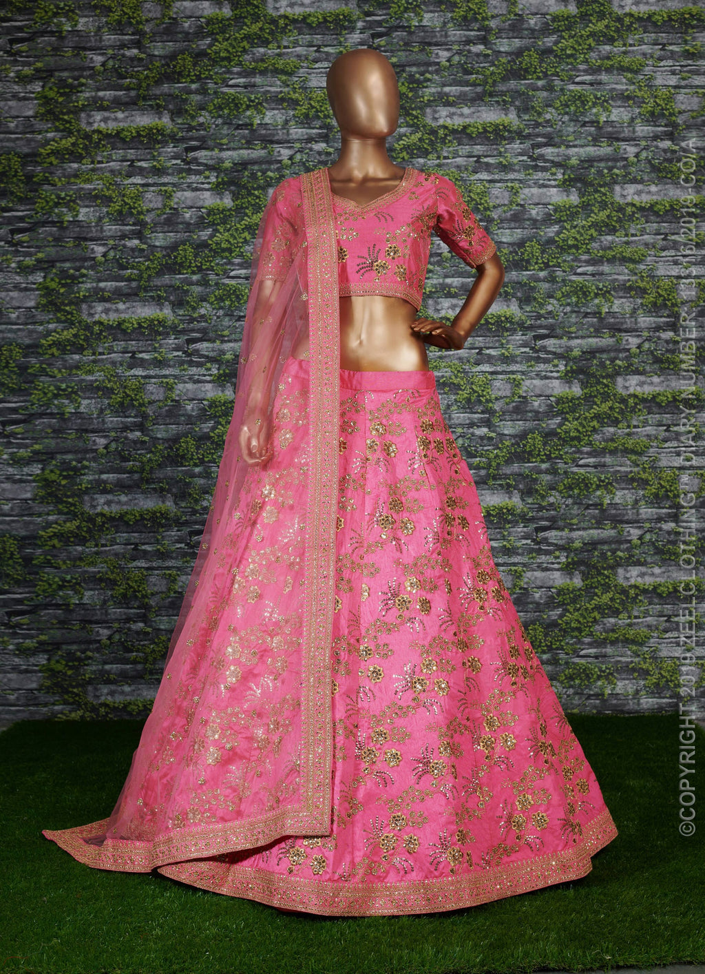 Pink Slub Silk Lehenga Choli For Indian Festivals & Pakistani Weddings Dress - Sequence Embroidery Work, Zari Work